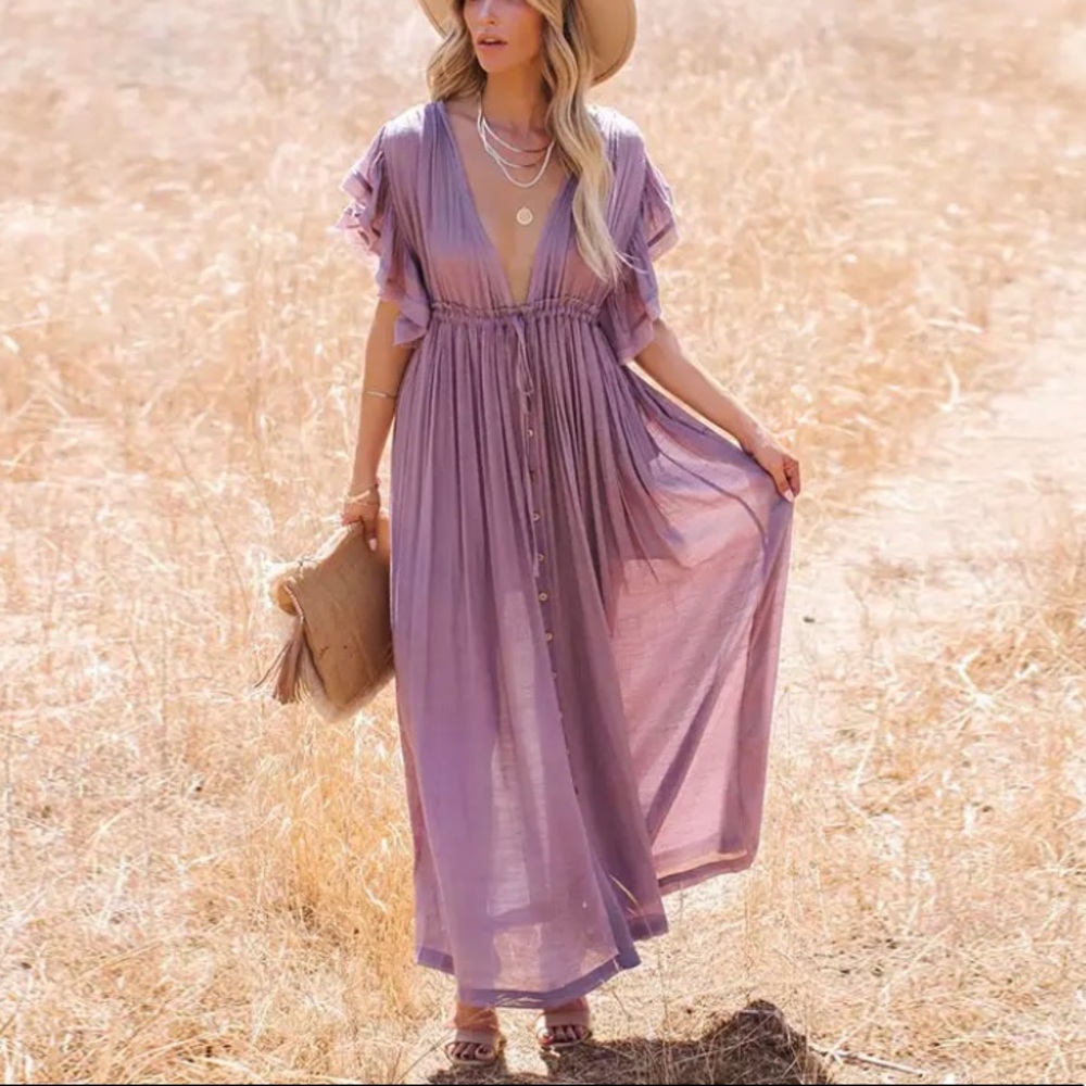 SOLD OUT Lavender Gauze Boho Button Maxi Dress - Picture 2 of 6